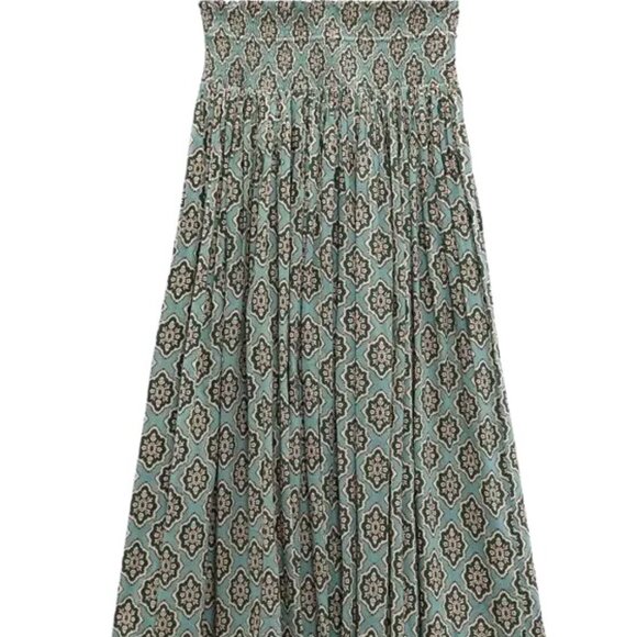 Zara Boho Drawstring Smock Waist Medallion Printed Maxi Skirt In Green S NWT - Picture 5 of 15